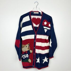 Vintage Marsh Landing Hand Knit Sweater Cardigan American USA Bear Hearts sz m
